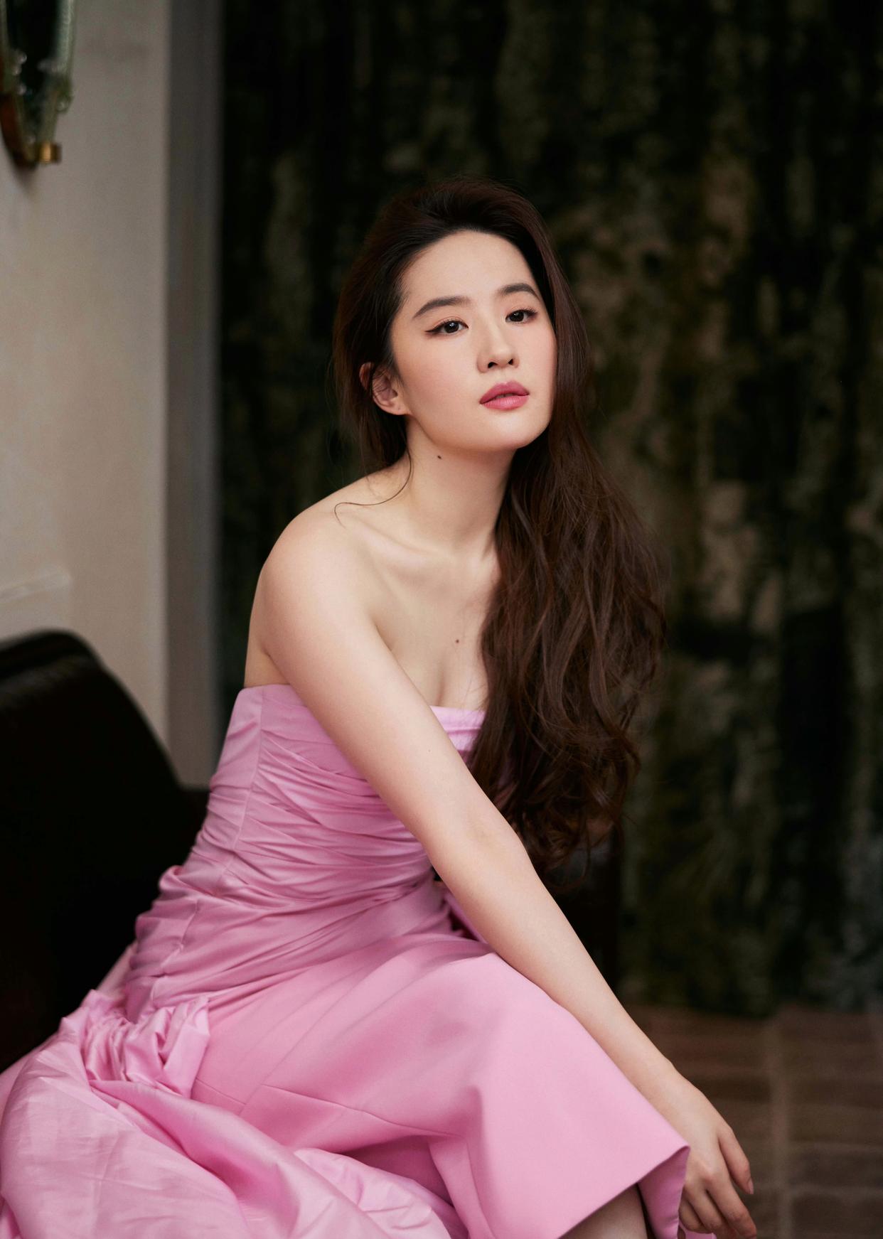 刘亦菲粉红抹胸裙写真插图4