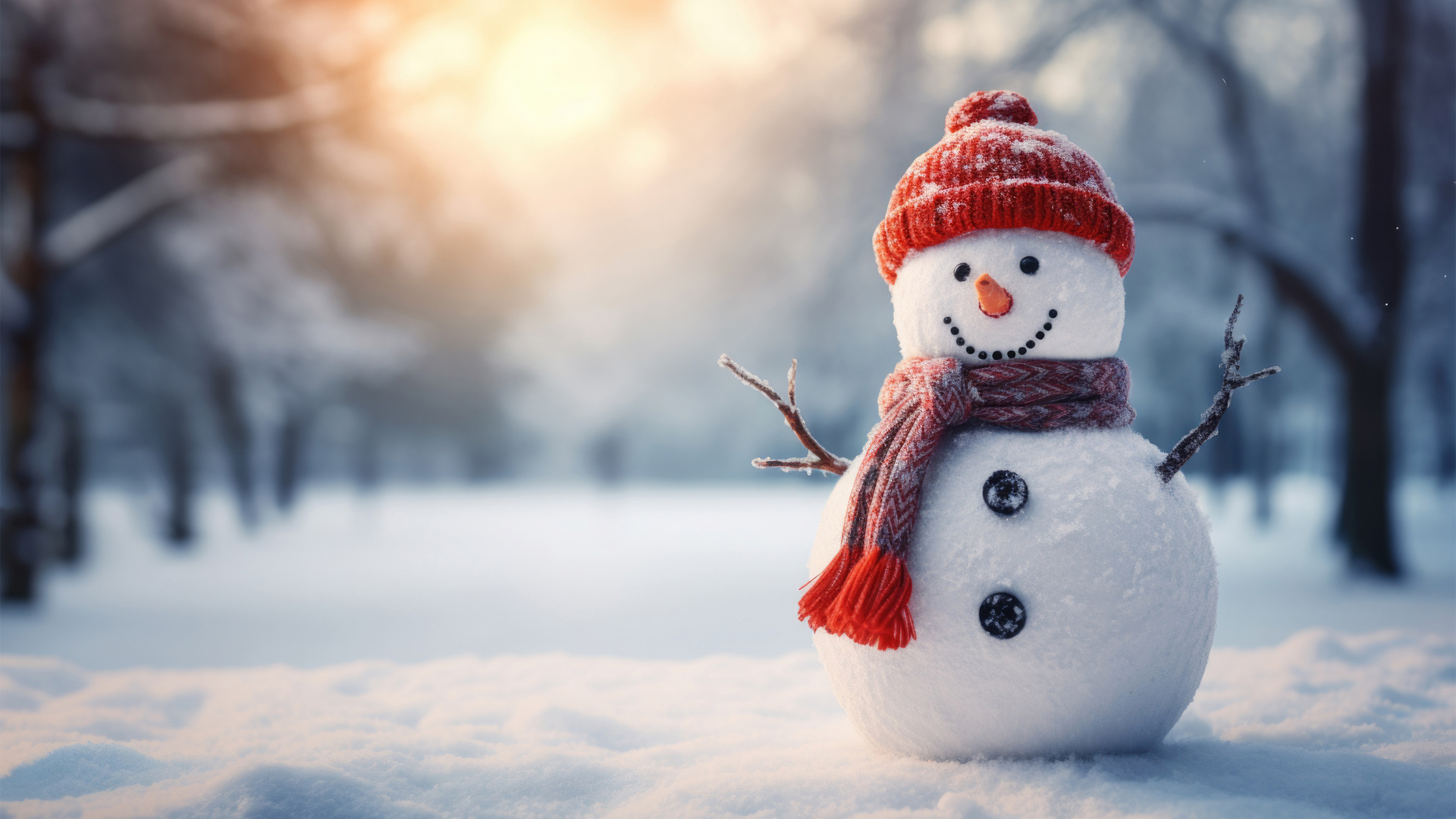 冬天暴雪之后树林里造型可爱的雪人电脑壁纸插图