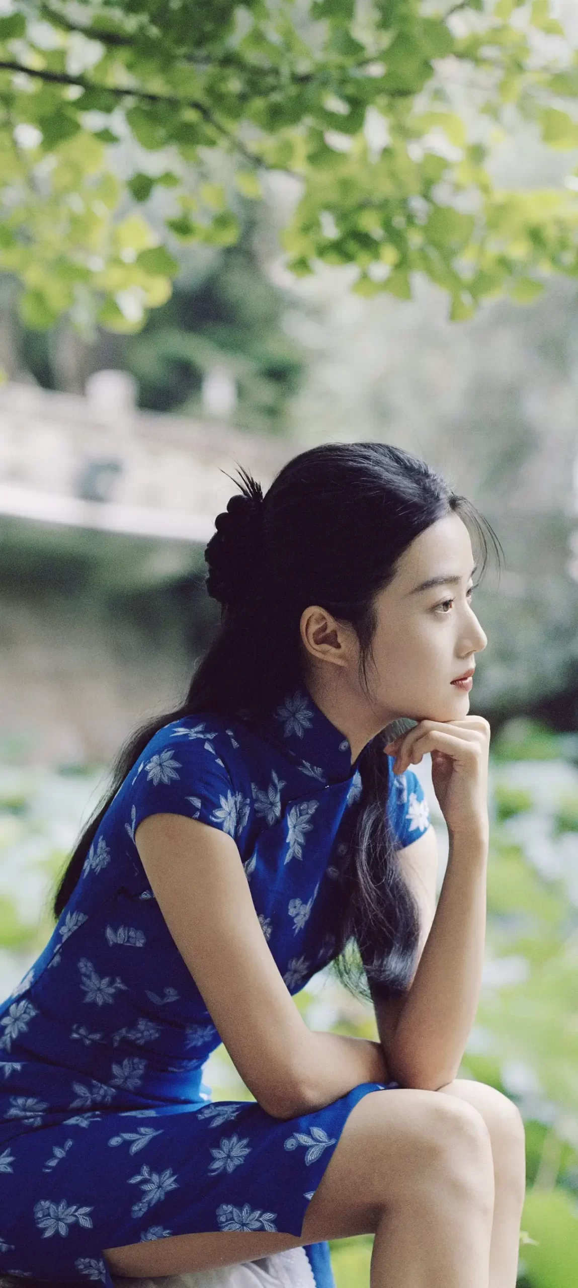 卢昱晓蓝色旗袍写真插图1